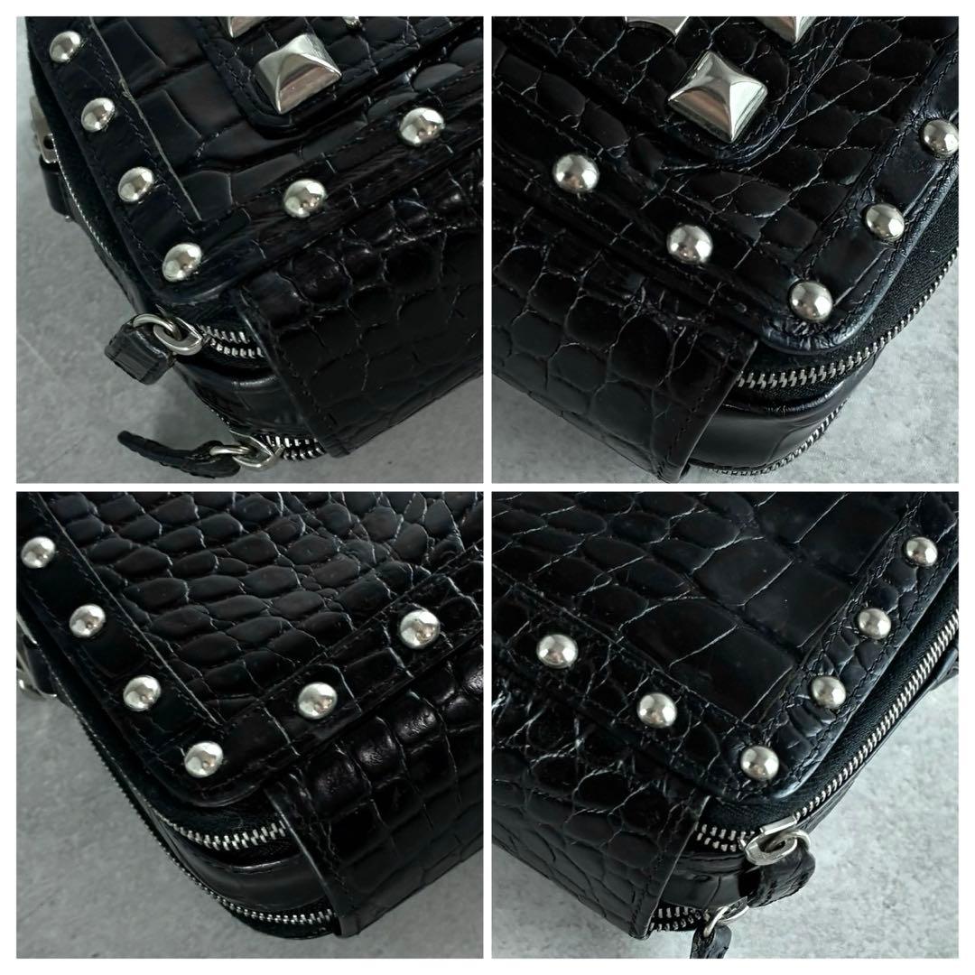 美品★ヴェルサーチ クロコ型押し スタッズ チェーンショルダーウォレット 黒