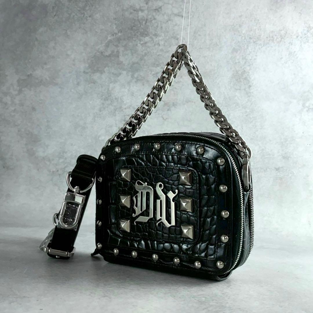 美品★ヴェルサーチ クロコ型押し スタッズ チェーンショルダーウォレット 黒