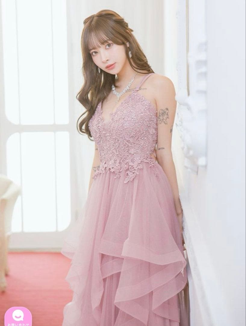 Tika ピンク レース装飾 ロングドレス S