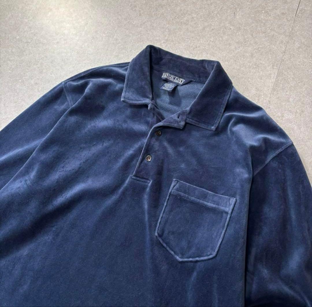 Lands’ End ベロア ポロシャツ USA製 L ネイビー