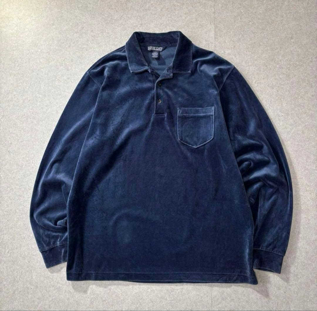 Lands’ End ベロア ポロシャツ USA製 L ネイビー