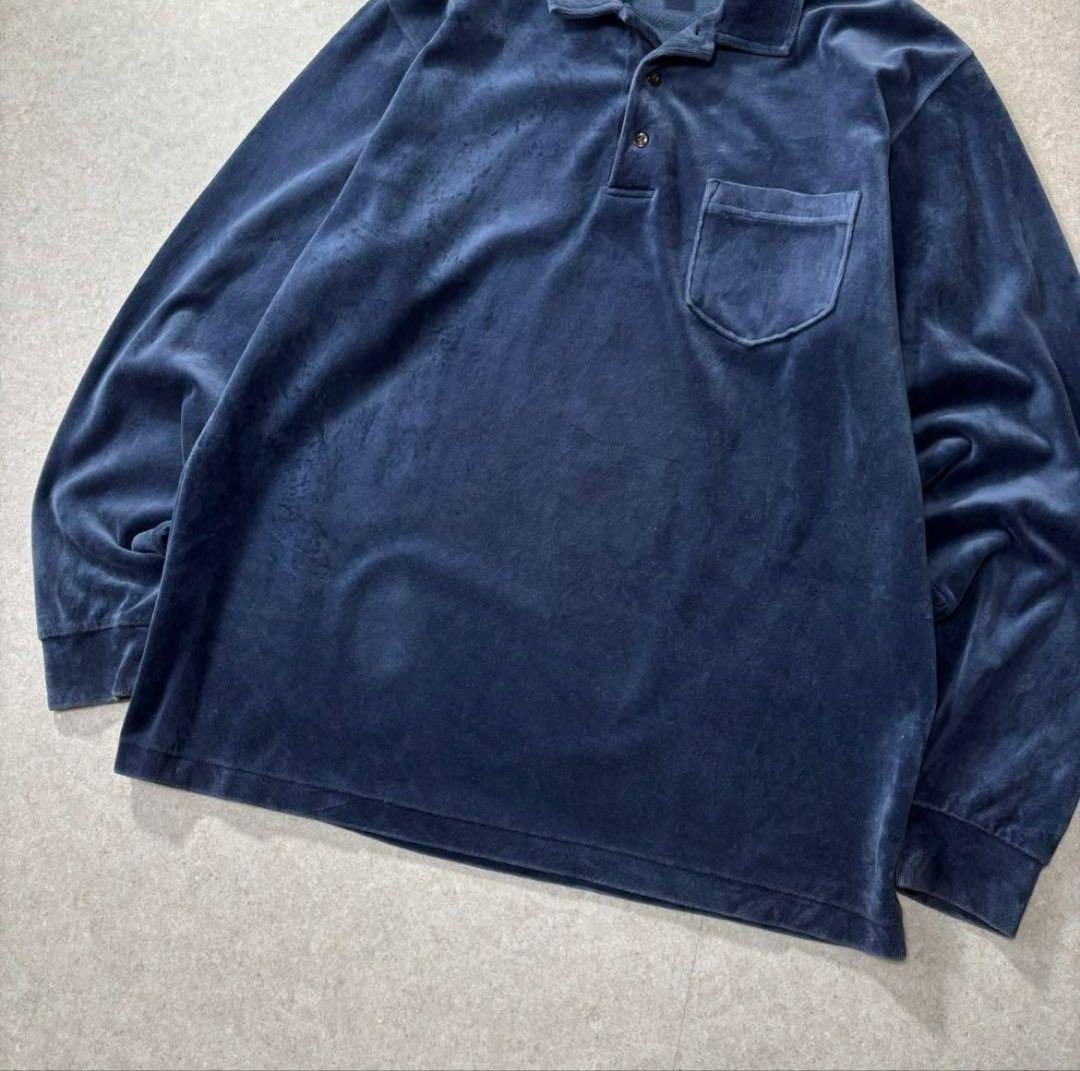 Lands’ End ベロア ポロシャツ USA製 L ネイビー