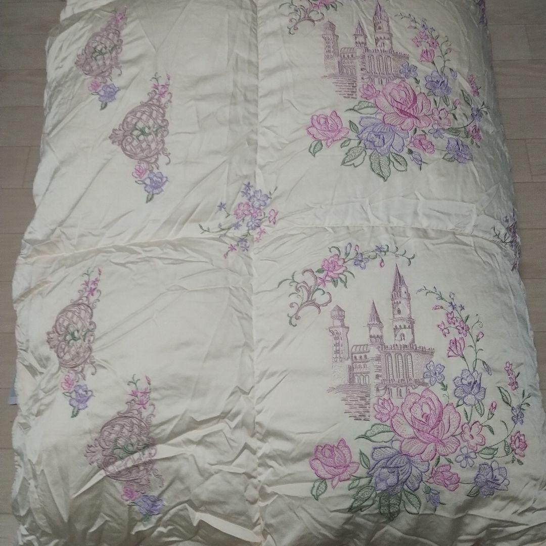 羽毛布団　丸八真綿　掛け布団　シングル　グースダウン　　シルクに刺繍　極美品