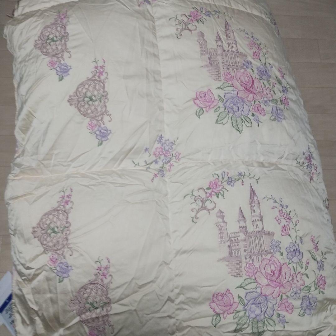 羽毛布団　丸八真綿　掛け布団　シングル　グースダウン　　シルクに刺繍　極美品