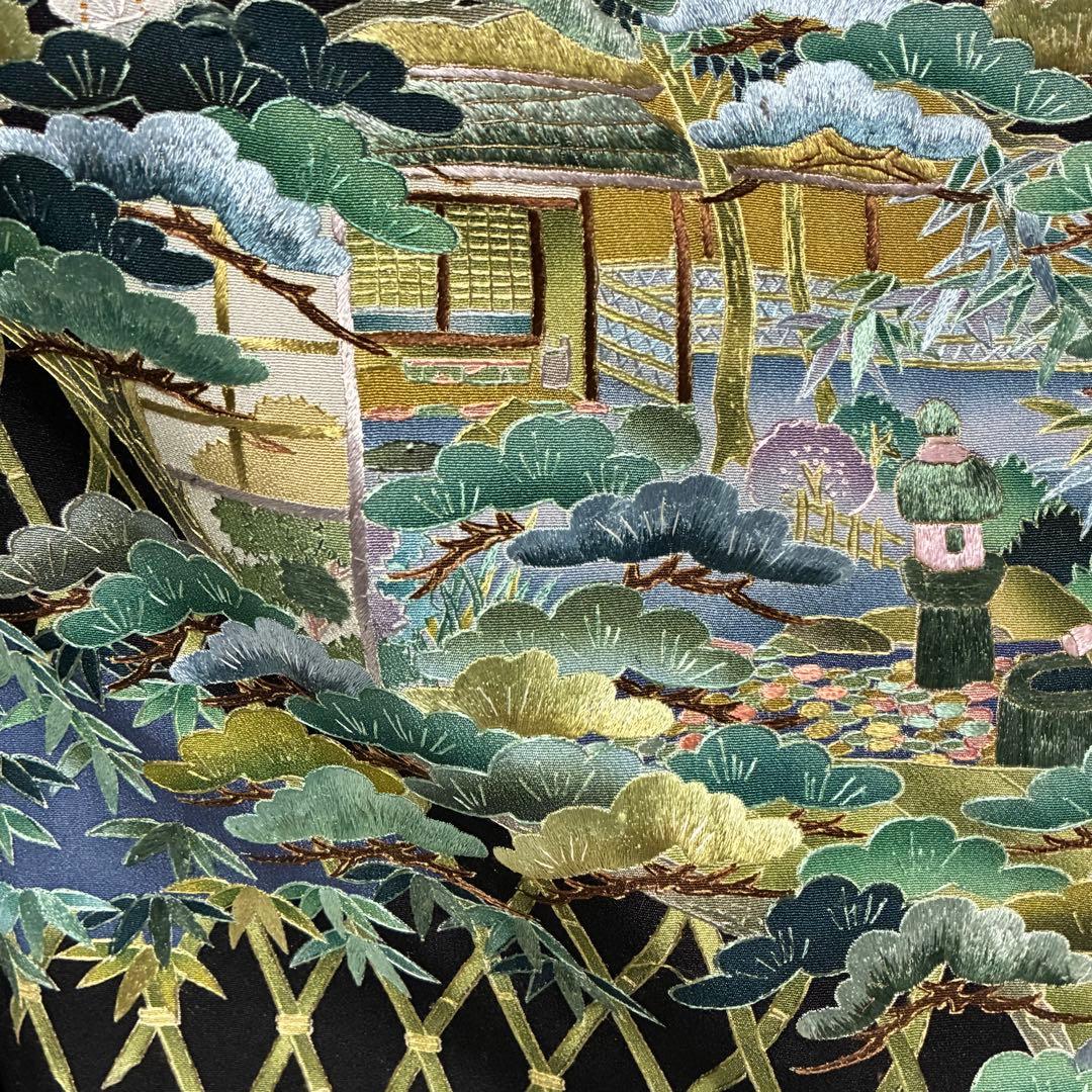 D6 黒留袖 総刺繍 蘇州刺繍 花模様 正絹 着物 袷 美品