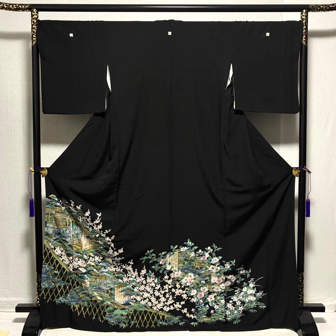 D6 黒留袖 総刺繍 蘇州刺繍 花模様 正絹 着物 袷 美品
