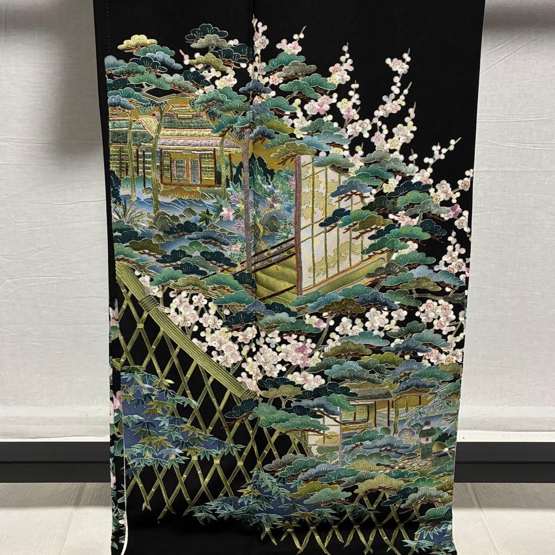 D6 黒留袖 総刺繍 蘇州刺繍 花模様 正絹 着物 袷 美品