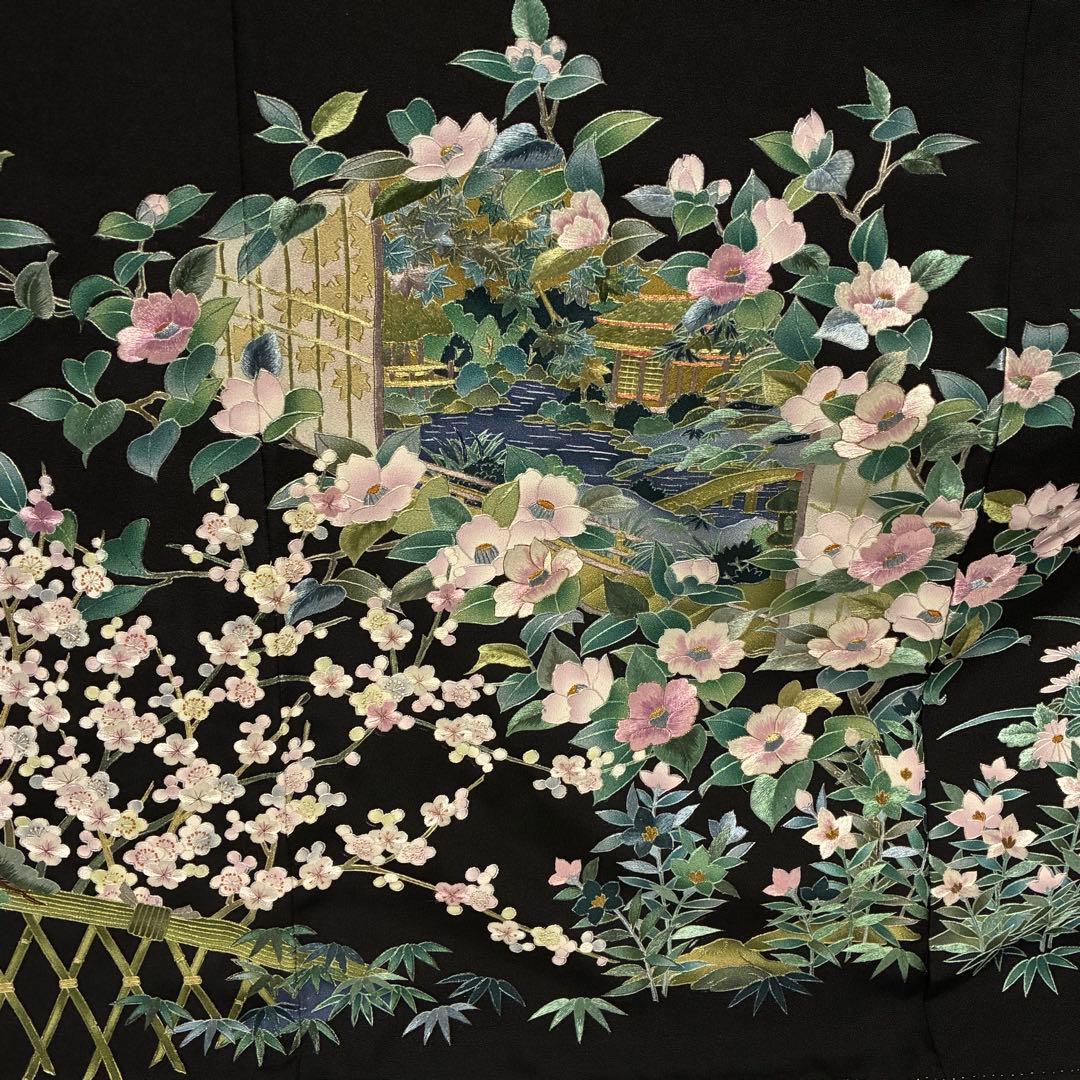 D6 黒留袖 総刺繍 蘇州刺繍 花模様 正絹 着物 袷 美品