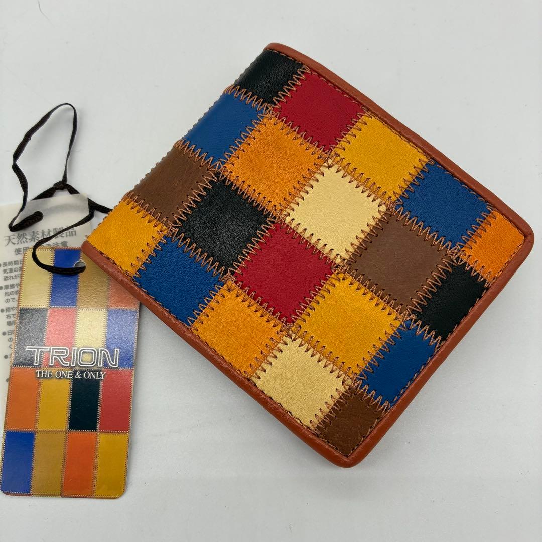 未使用■トライオン　二つ折り財布　小銭入れ付 パッチワーク　マルチカラー　レザー