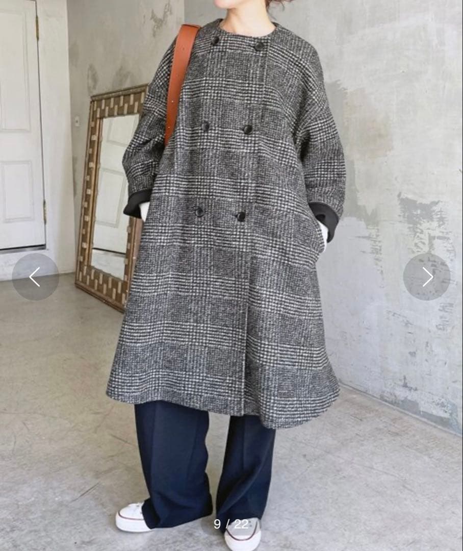 spick &span ノーカラーチェックロングコート　36 ブラウン