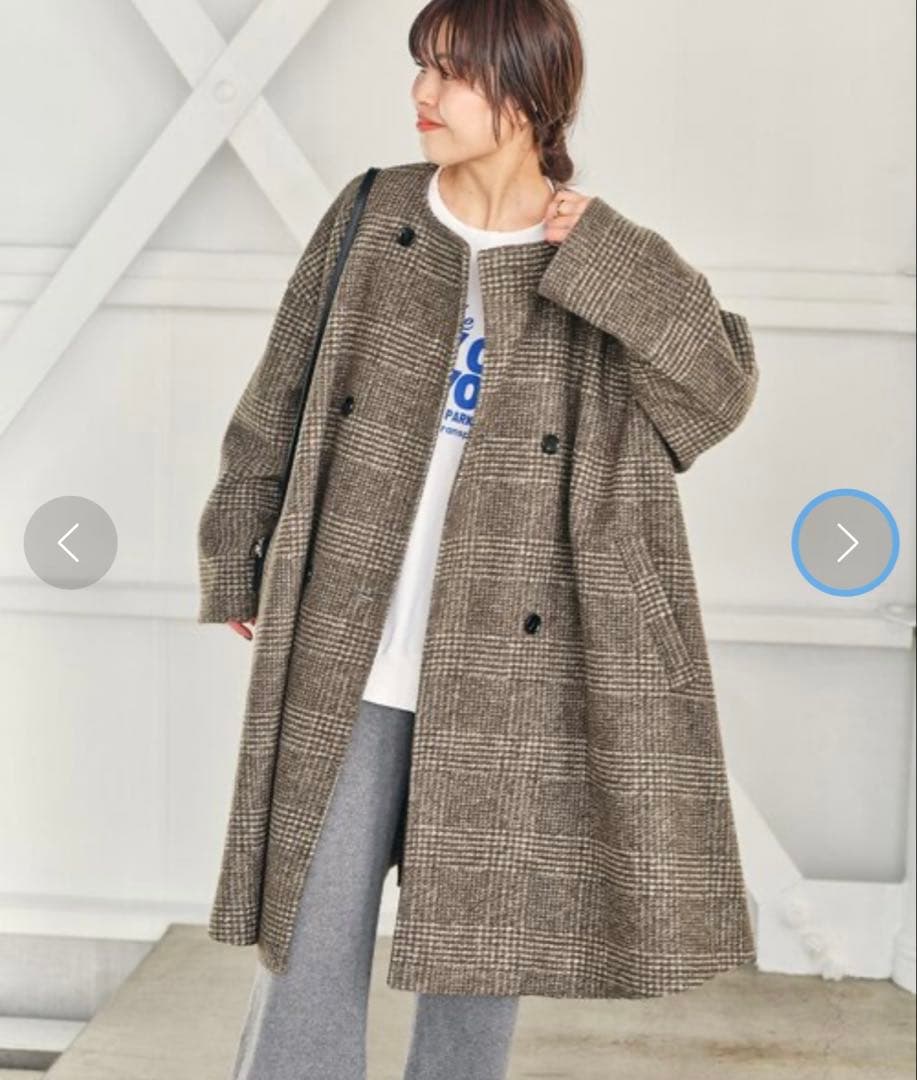 spick &span ノーカラーチェックロングコート　36 ブラウン