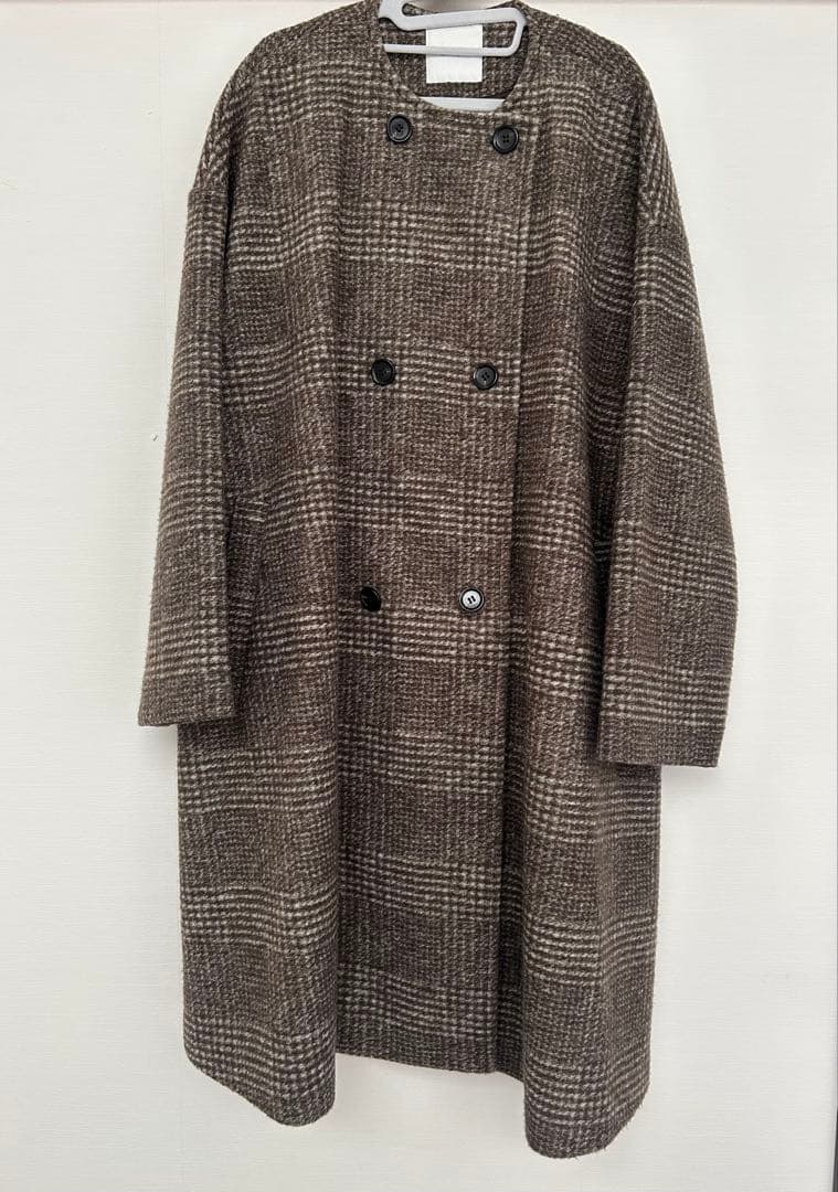 spick &span ノーカラーチェックロングコート　36 ブラウン