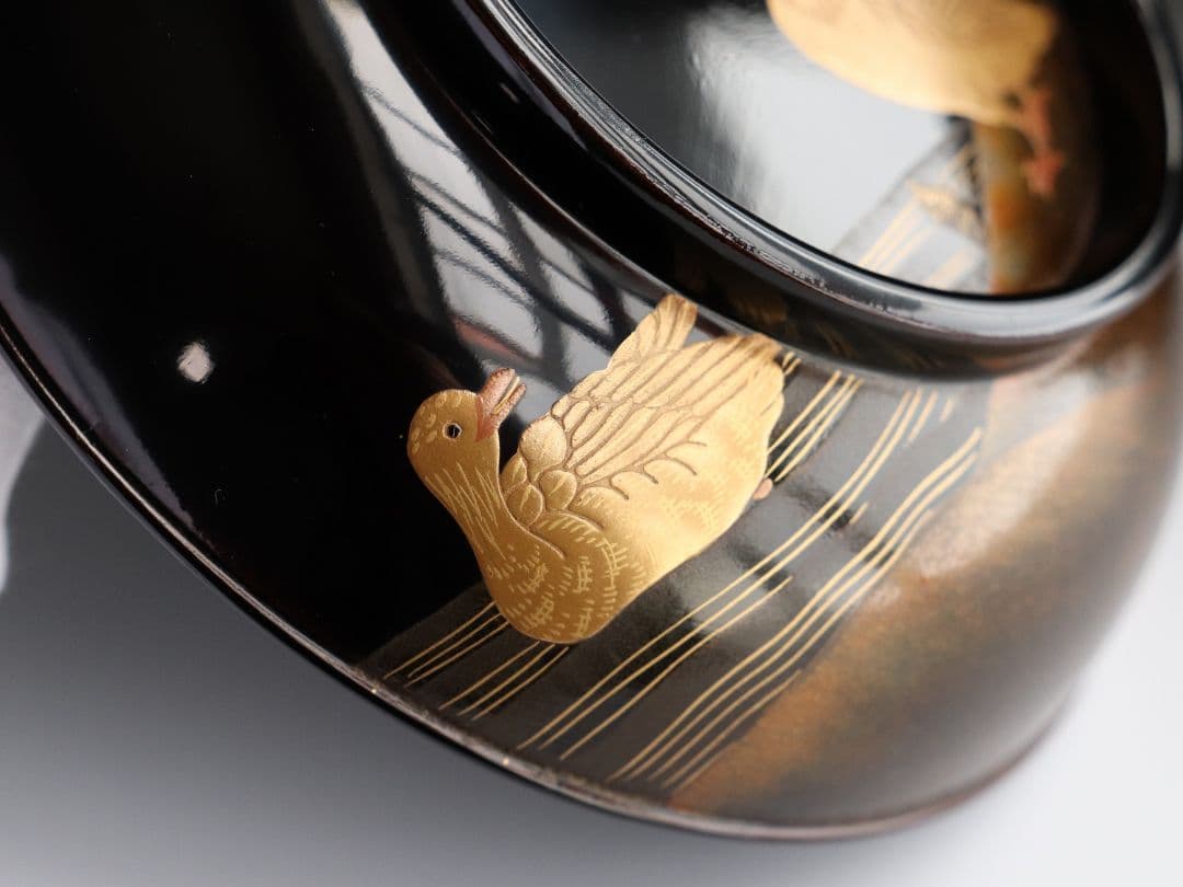 CL85 能登輪島塗 鴛鴦金蒔絵 見返梅 黒塗椀 二客 天然木 梨地 研出 花鳥