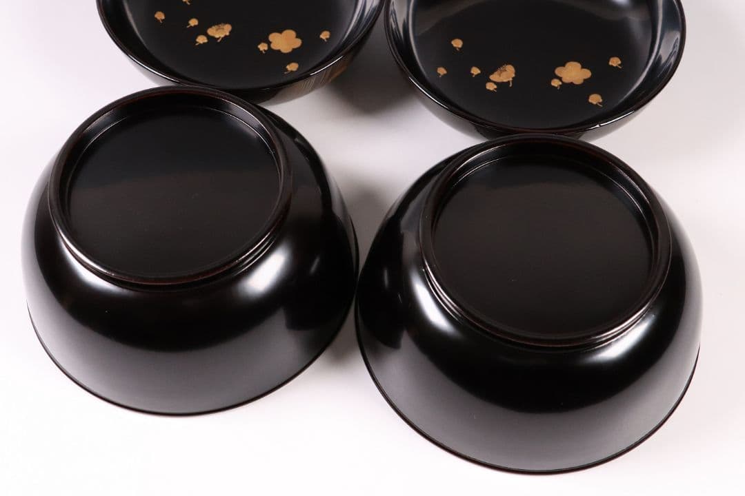 CL85 能登輪島塗 鴛鴦金蒔絵 見返梅 黒塗椀 二客 天然木 梨地 研出 花鳥