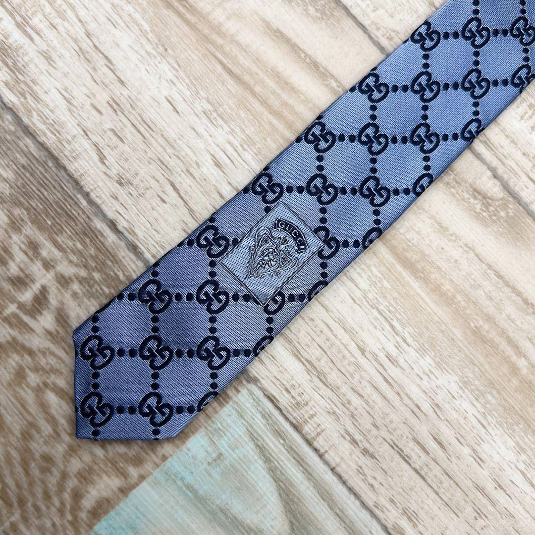 【美品】グッチ　ネクタイ　ブルー　GG柄　ハイブランド　高級シルク