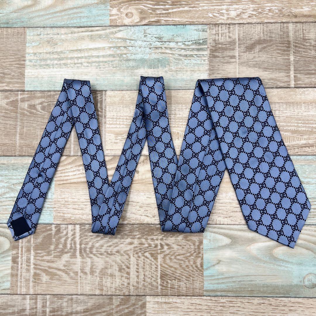 【美品】グッチ　ネクタイ　ブルー　GG柄　ハイブランド　高級シルク