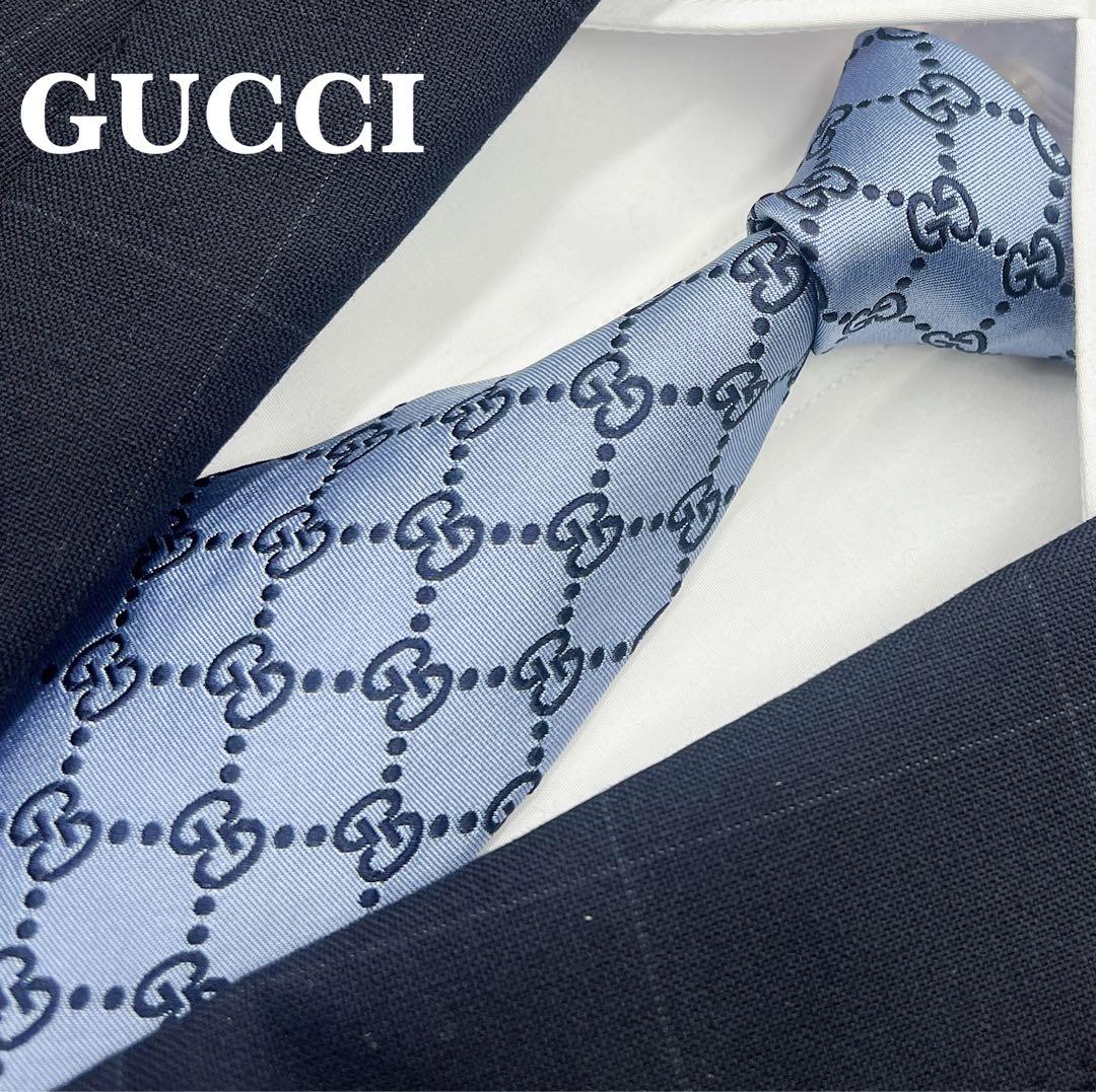 【美品】グッチ　ネクタイ　ブルー　GG柄　ハイブランド　高級シルク