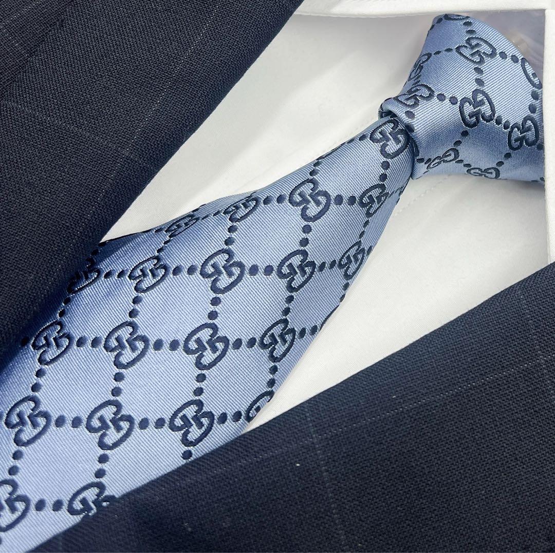 【美品】グッチ　ネクタイ　ブルー　GG柄　ハイブランド　高級シルク