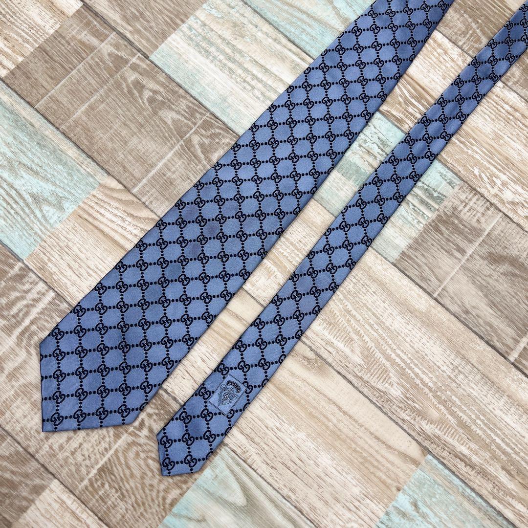 【美品】グッチ　ネクタイ　ブルー　GG柄　ハイブランド　高級シルク