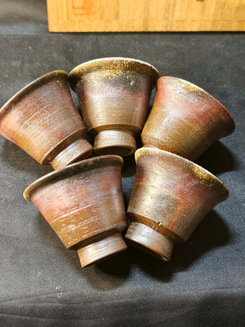 煎茶道具 備前焼 窯変宝瓶急須 奥本健一造 共箱 湯冷まし 湯呑み 火襷 胡麻