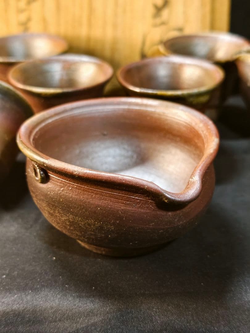 煎茶道具 備前焼 窯変宝瓶急須 奥本健一造 共箱 湯冷まし 湯呑み 火襷 胡麻