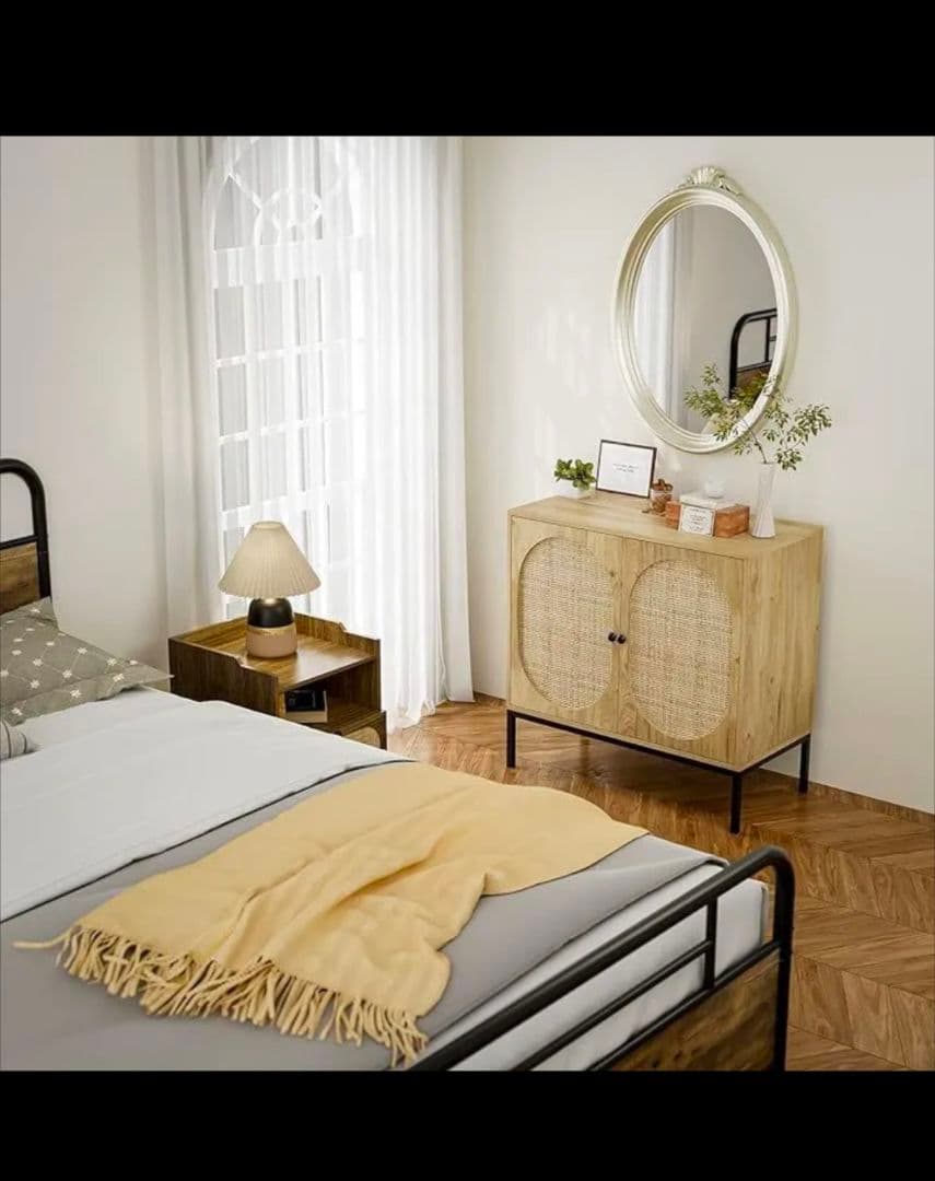 IKIFLY ラタン キャビネット 木製 サイドボード 幅80cm (2扉)