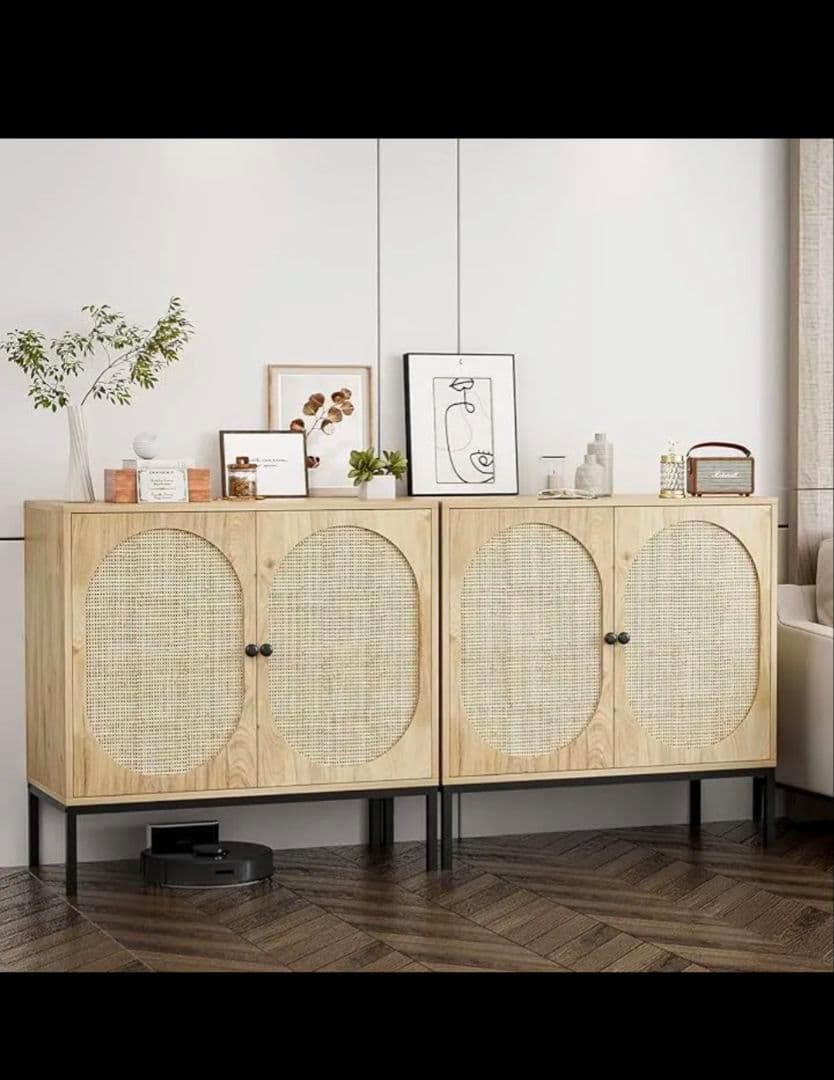 IKIFLY ラタン キャビネット 木製 サイドボード 幅80cm (2扉)