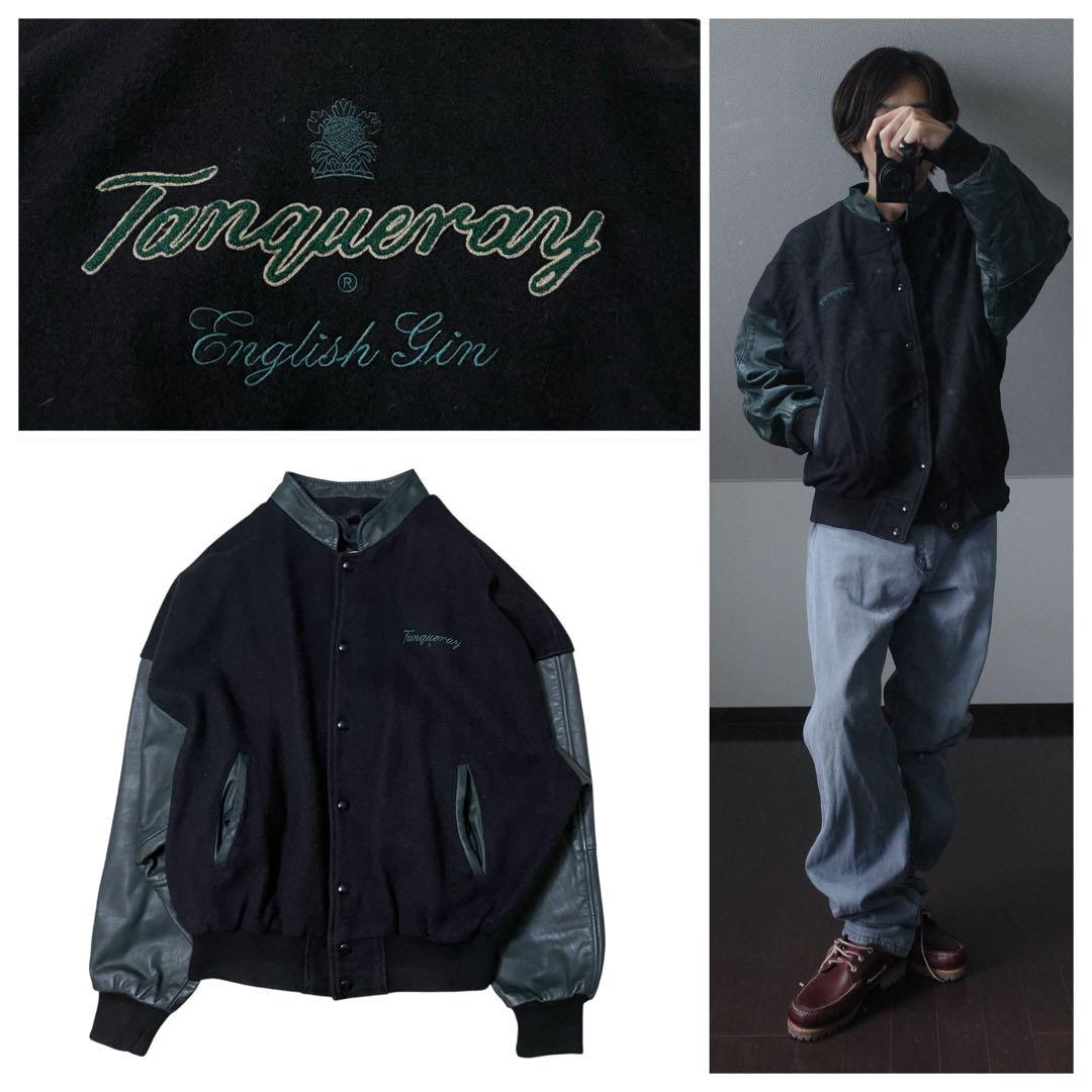 レザージャケット刺繍スタジャンブラックレザー袖ウール企業ヴィンテージ