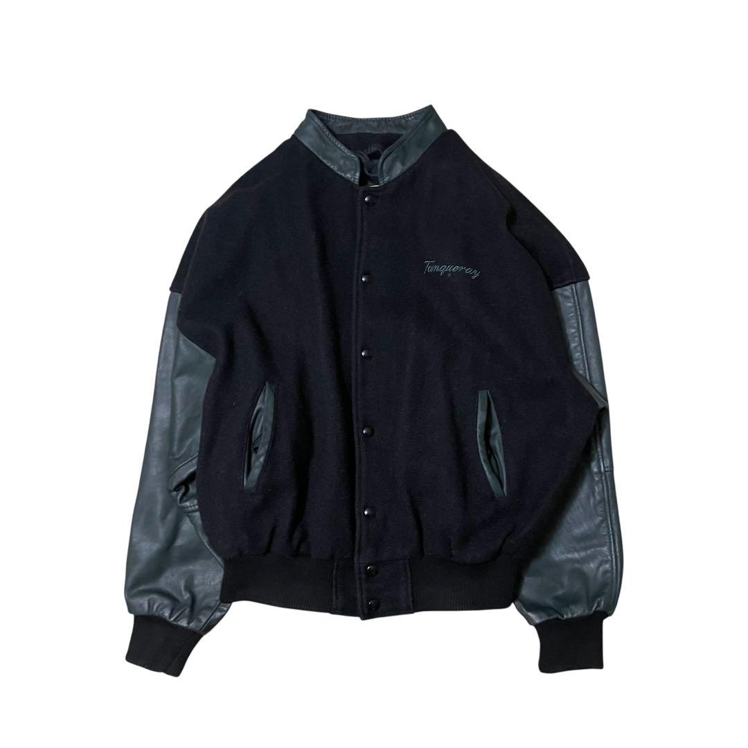 レザージャケット刺繍スタジャンブラックレザー袖ウール企業ヴィンテージ