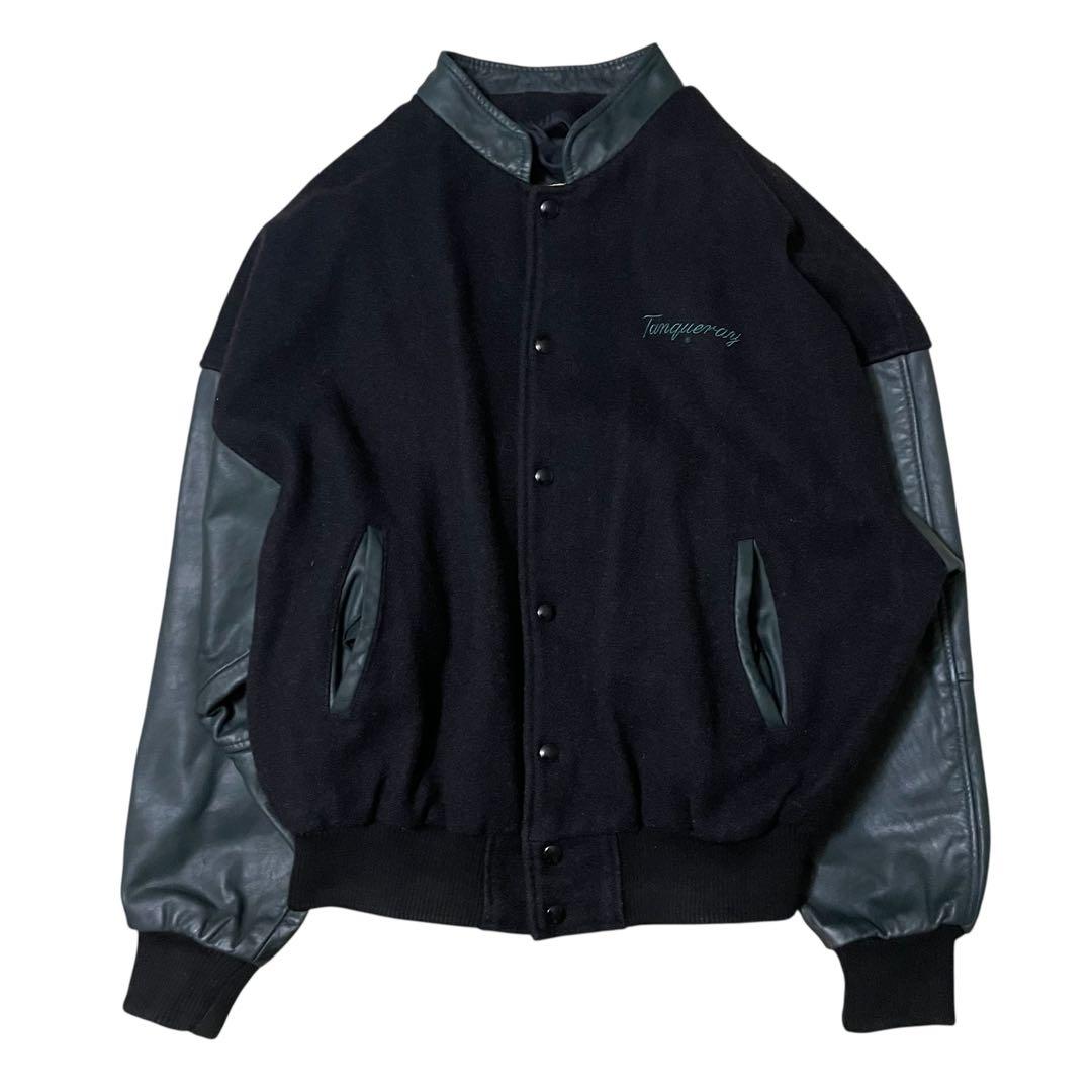 レザージャケット刺繍スタジャンブラックレザー袖ウール企業ヴィンテージ