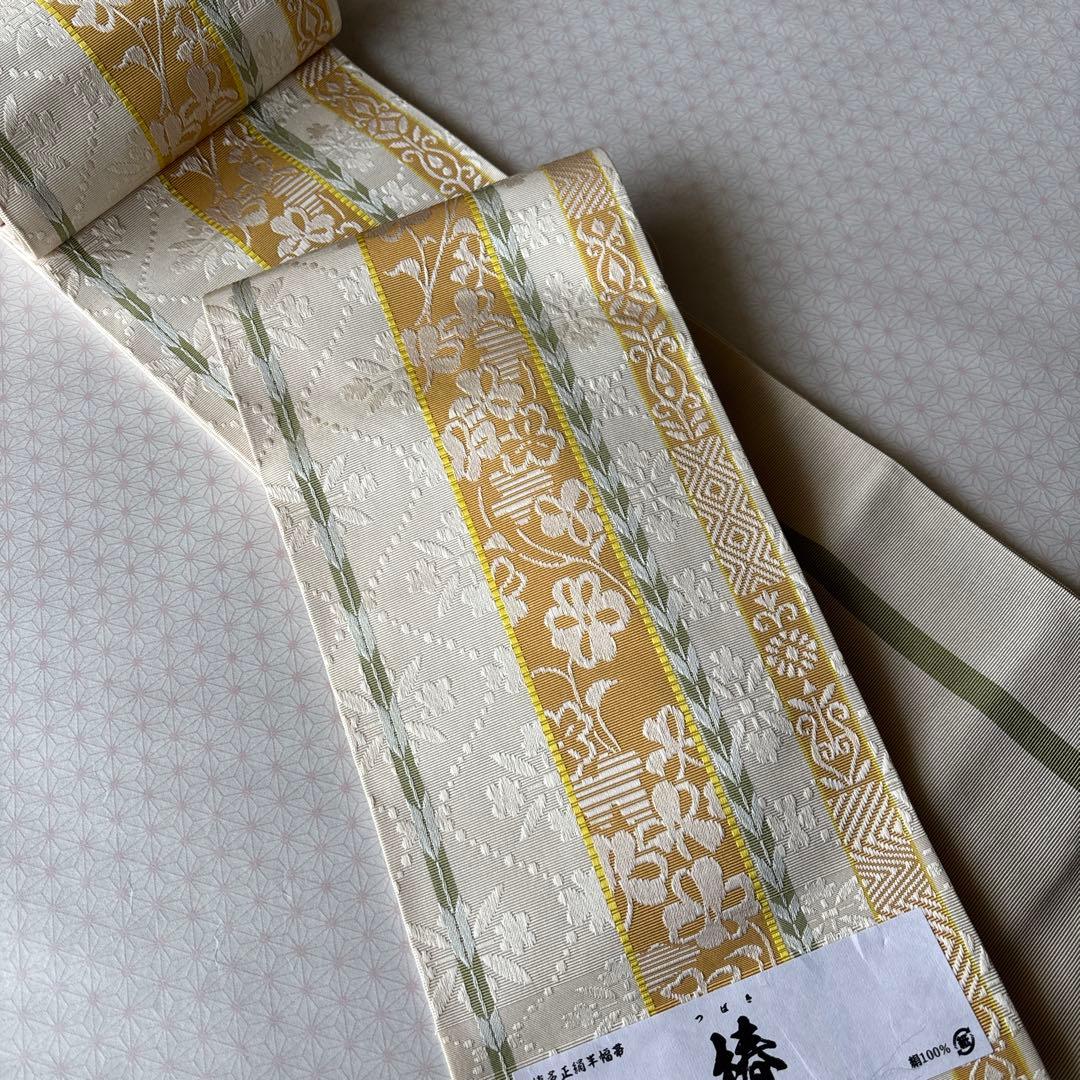 OB89本場筑前博多織小袋帯(半幅帯) 椿 本袋　正絹　新品