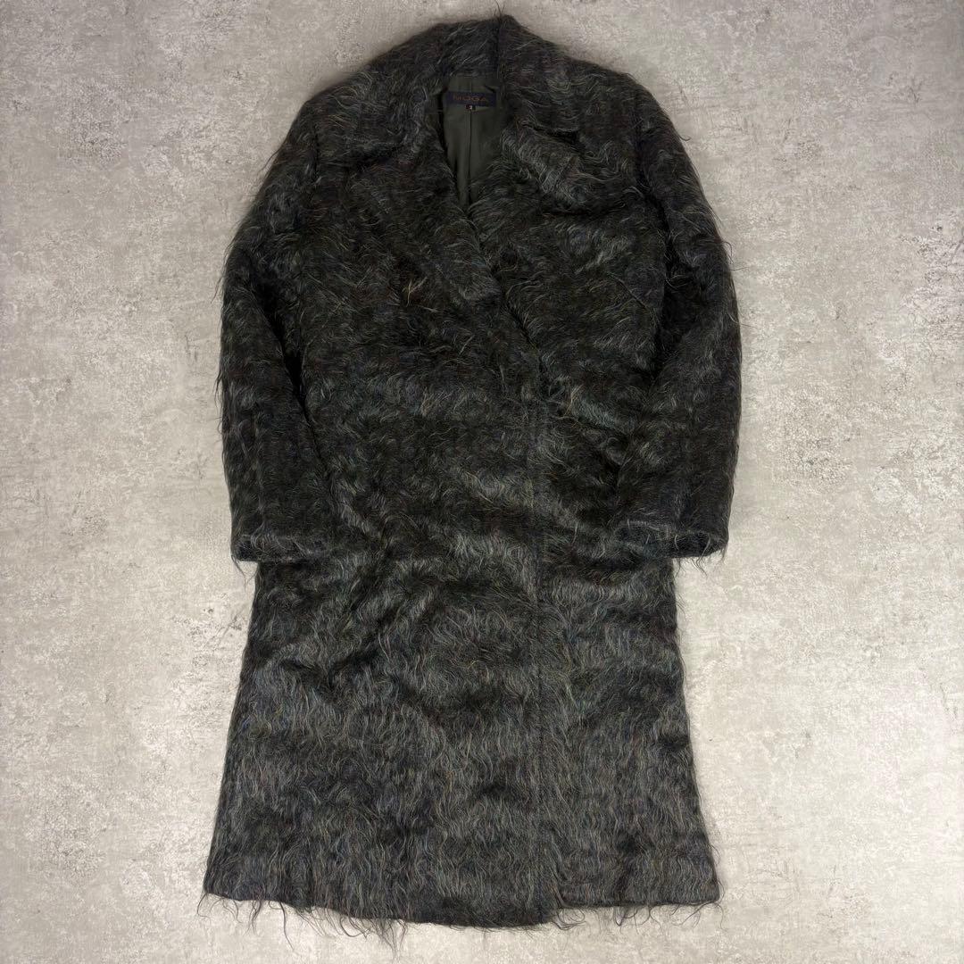 モヘア混 メランジシャギーコート 2 緑 ニュアンスカラー　比翼ボタン　ダブル