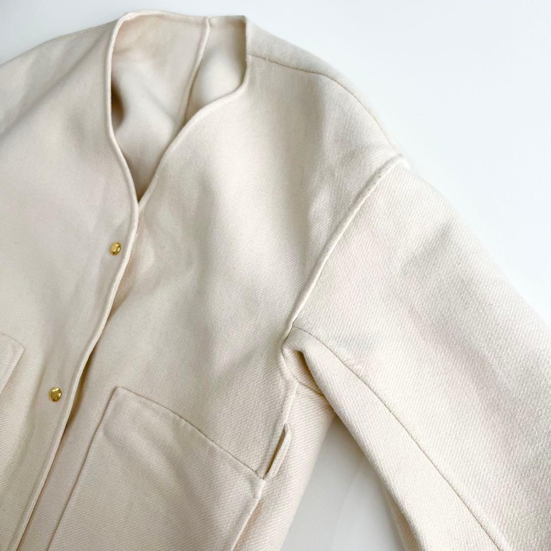 Drawer ウールシルク リバーシブル ノーカラー ロングコート 白 38