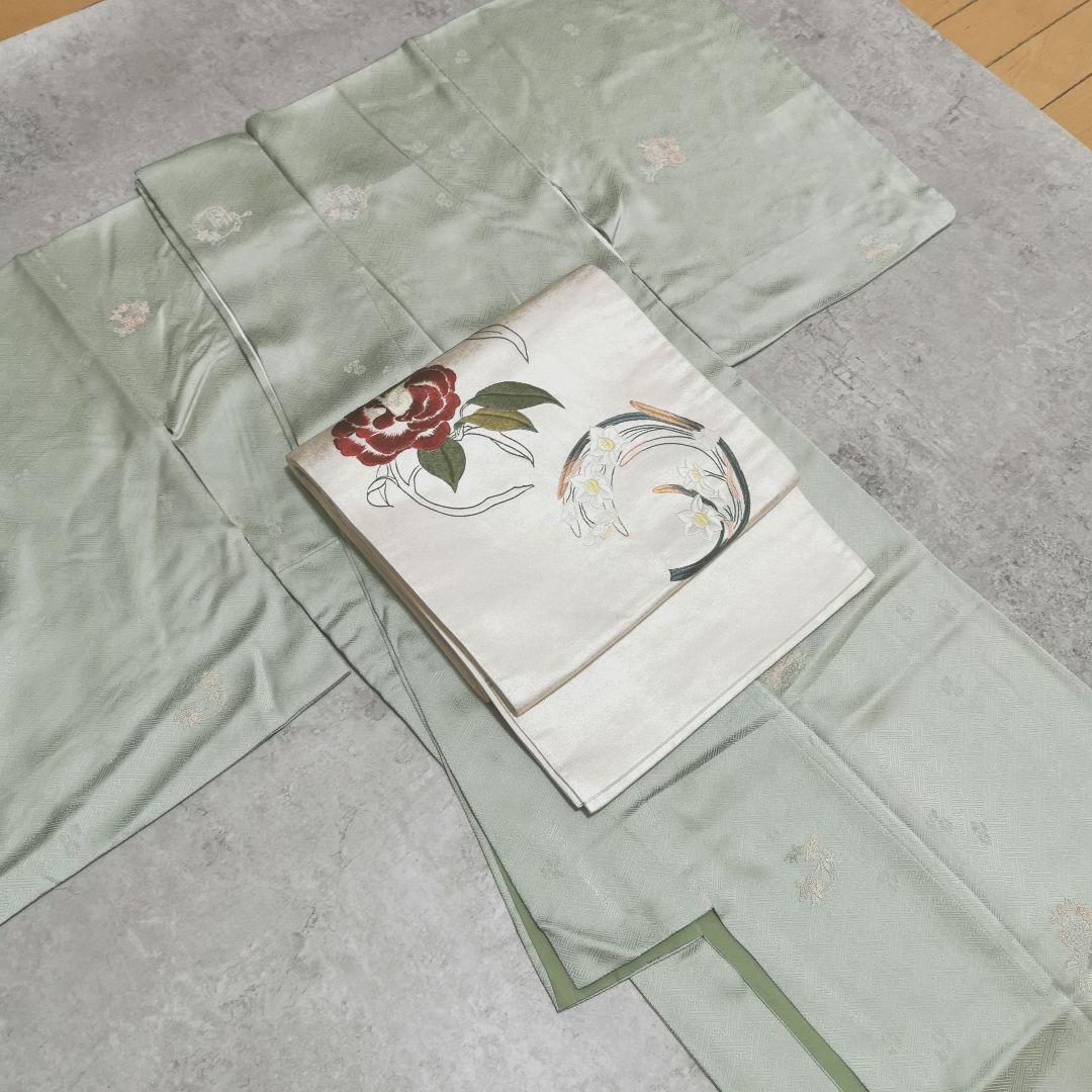 【相良刺繍】淡グリーンに相良刺繍 お役立ち付け下げ 紋意匠 地紋