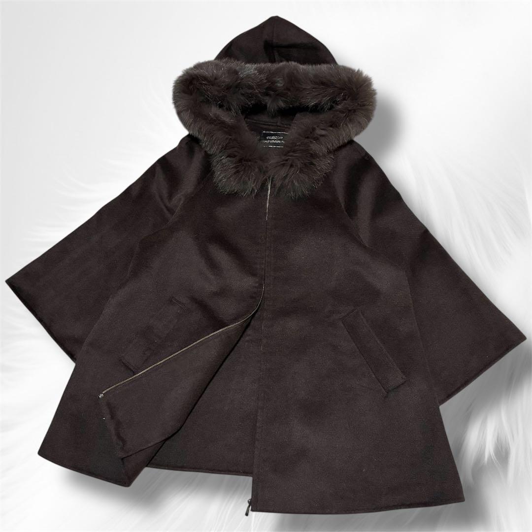 GRACE CONTINENTAL ポンチョ風トリミングコート チャコール S