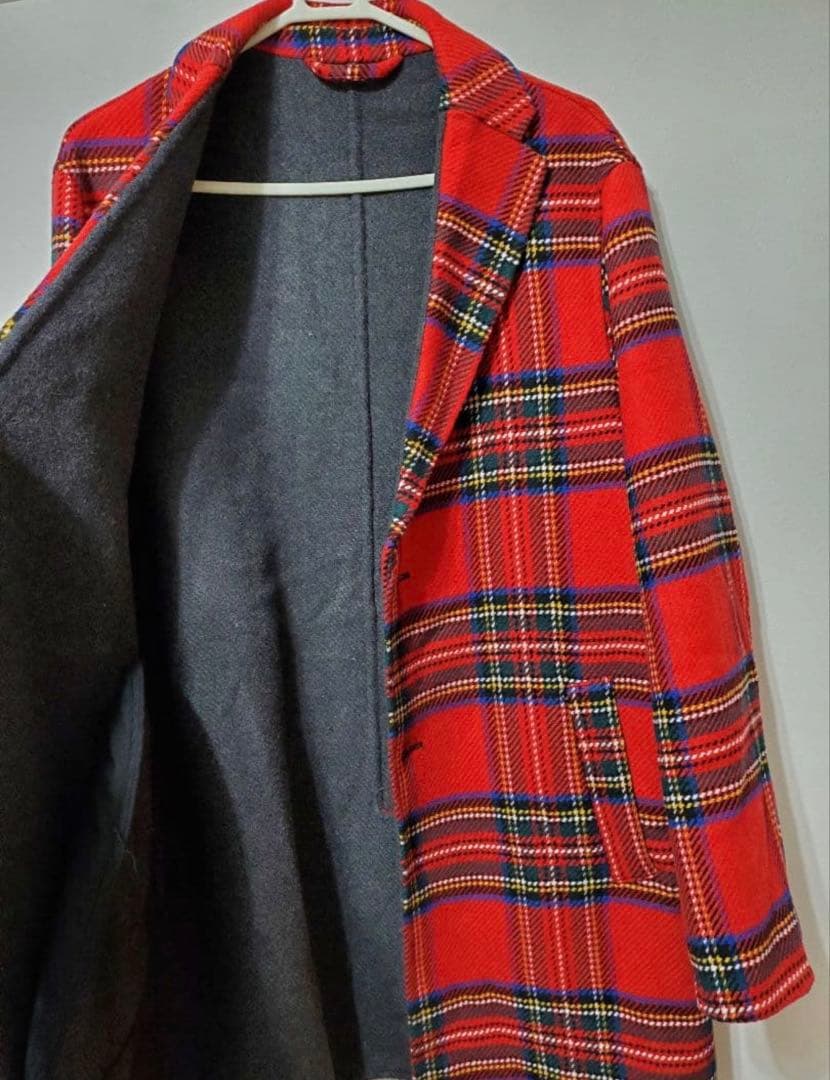 【完売品/希少】ZARA タータンチェック チェスターコート ウール混 赤 L