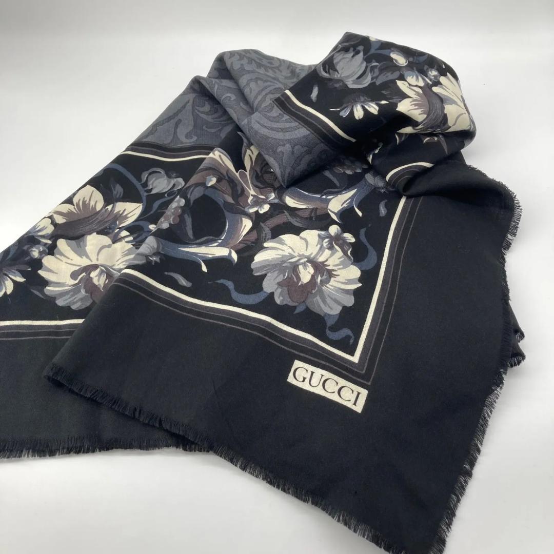 13027✨良品✨GUCCI 大判ストール ショール ウール ブラック 花柄