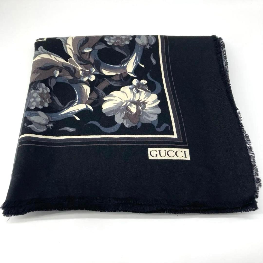13027✨良品✨GUCCI 大判ストール ショール ウール ブラック 花柄