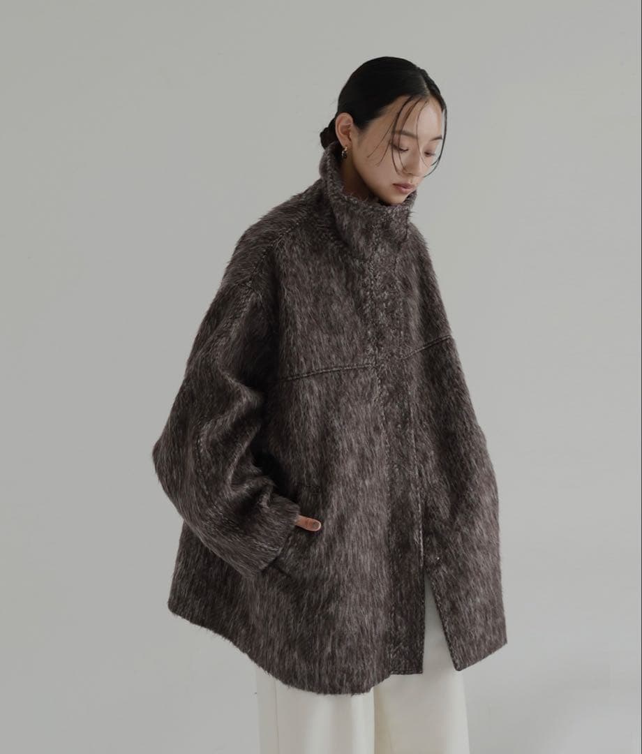 シャギースタンドカラーコート シャギーコート ブラウン　hellam