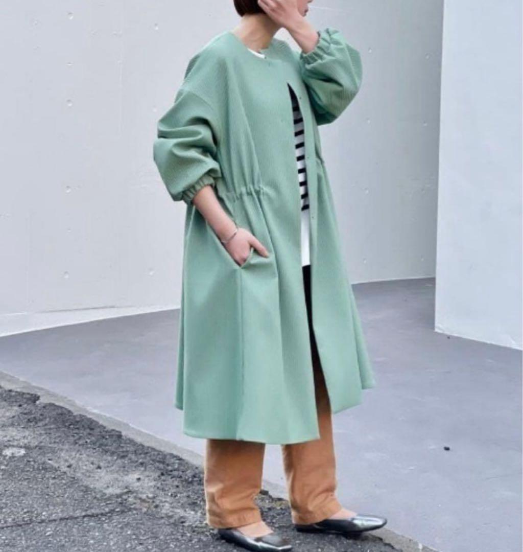 ビアズリー BEARDSLEY バルーン袖コート セミロング キルト緑 未使用級