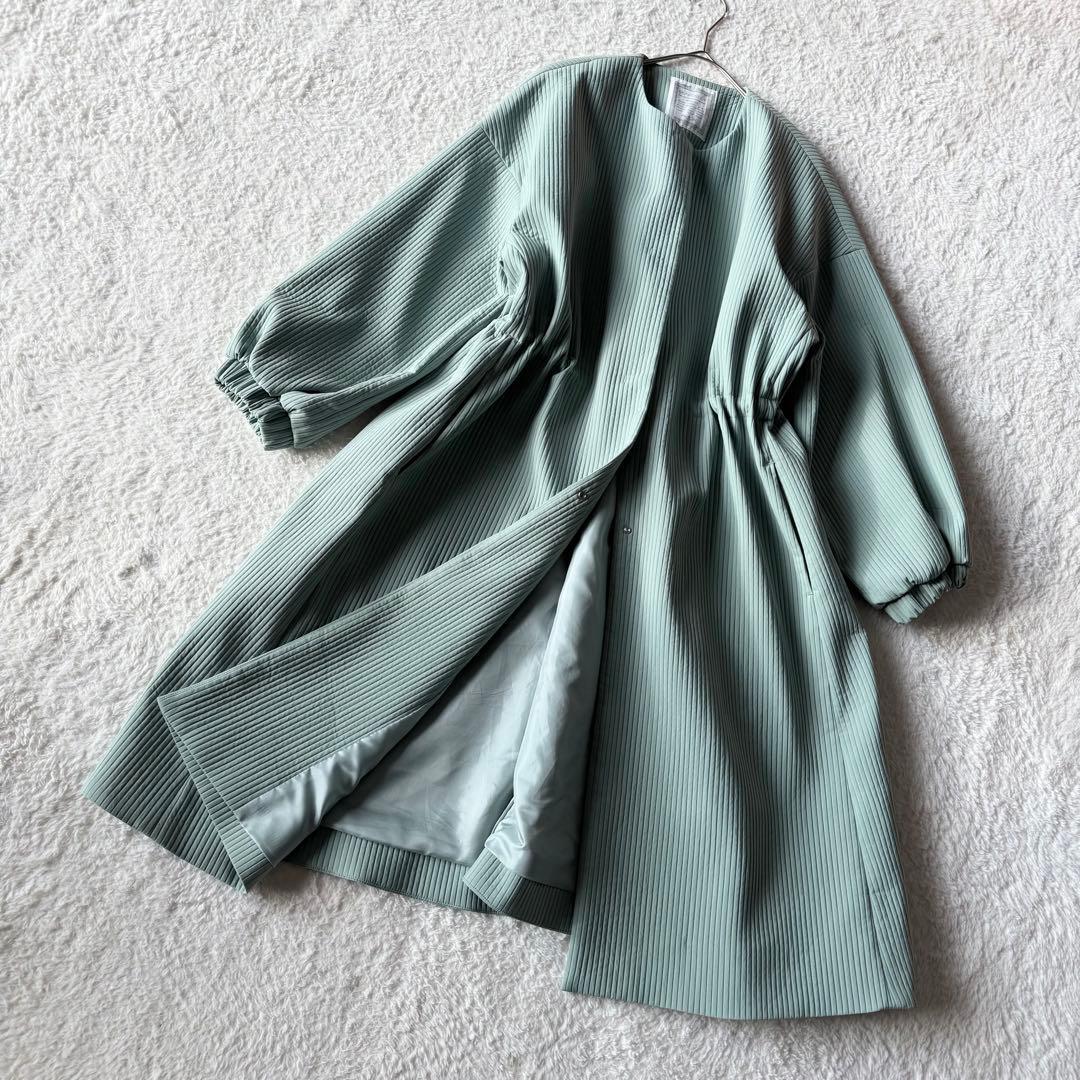 ビアズリー BEARDSLEY バルーン袖コート セミロング キルト緑 未使用級