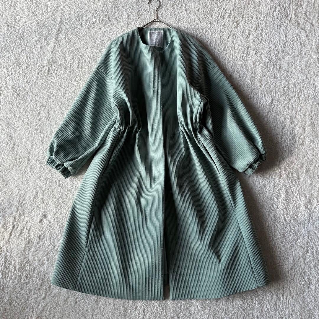 ビアズリー BEARDSLEY バルーン袖コート セミロング キルト緑 未使用級