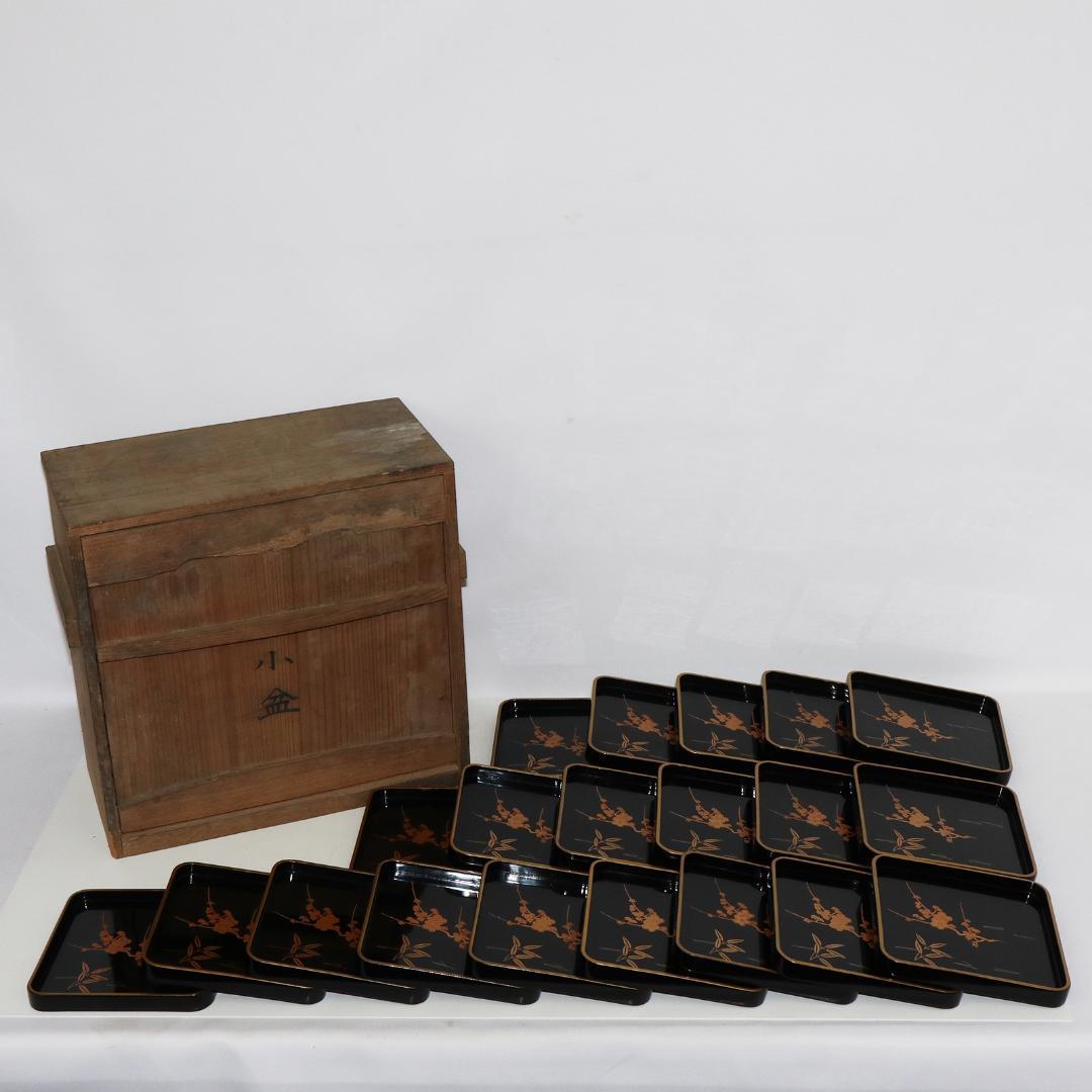 漆 蒔絵 小盆 松竹梅　20客　箱付き　レトロ　16.5cm