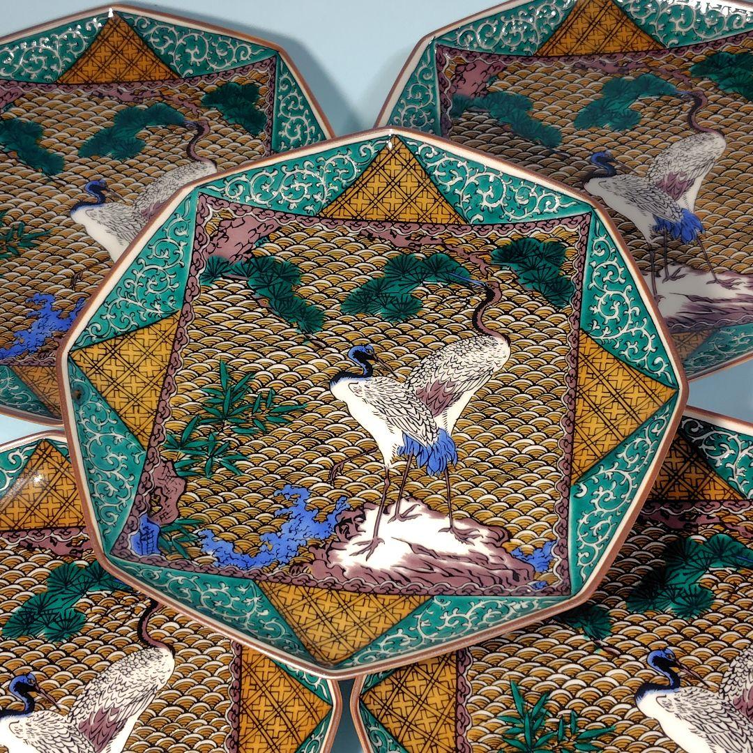 九谷焼 八角皿 吉祥柄(鶴) 5枚組