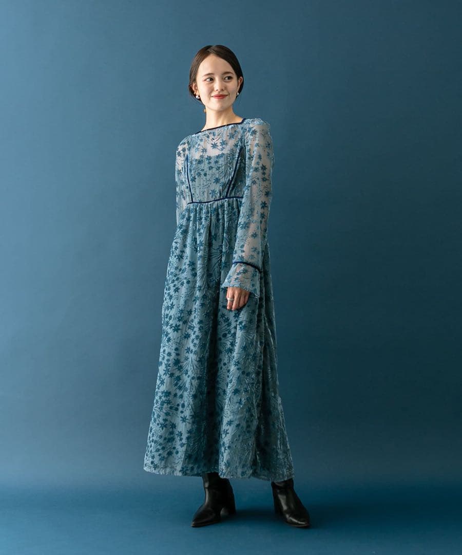 mystic ミスティック 森川企画 花柄ベロアワンピース ブルー サイズ2