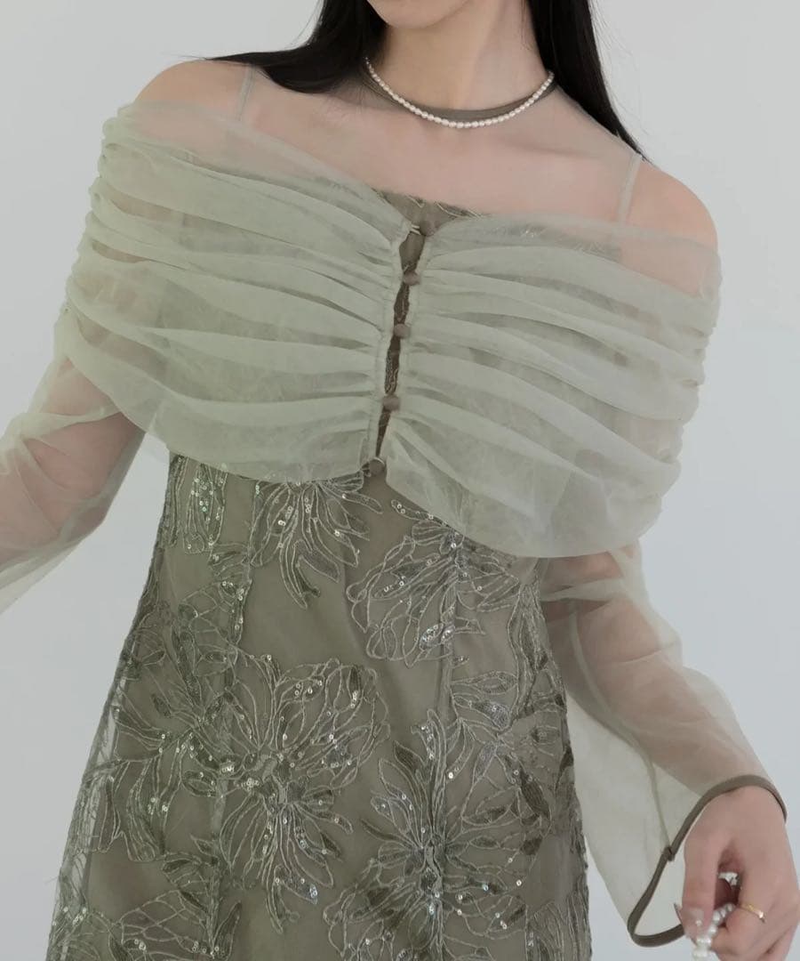 LEJA チュールオフショルダー花柄Iラインワンピースドレス