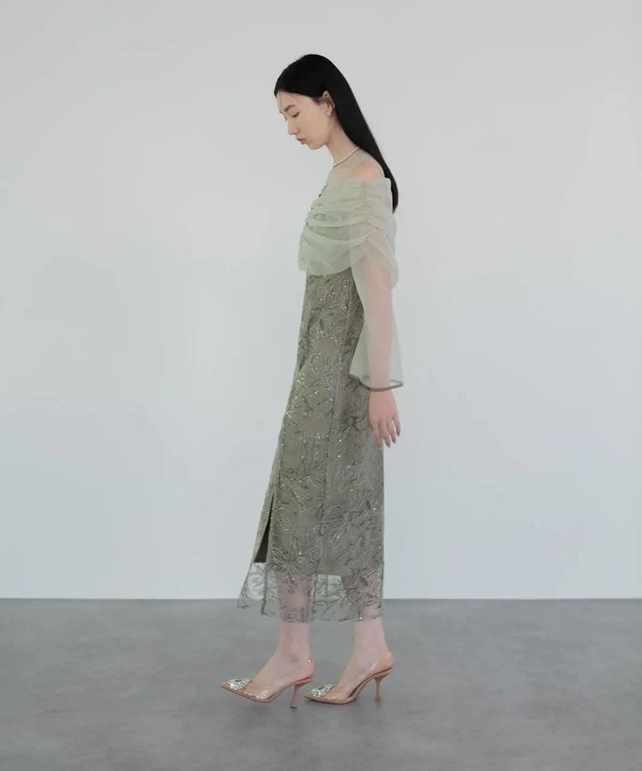 LEJA チュールオフショルダー花柄Iラインワンピースドレス