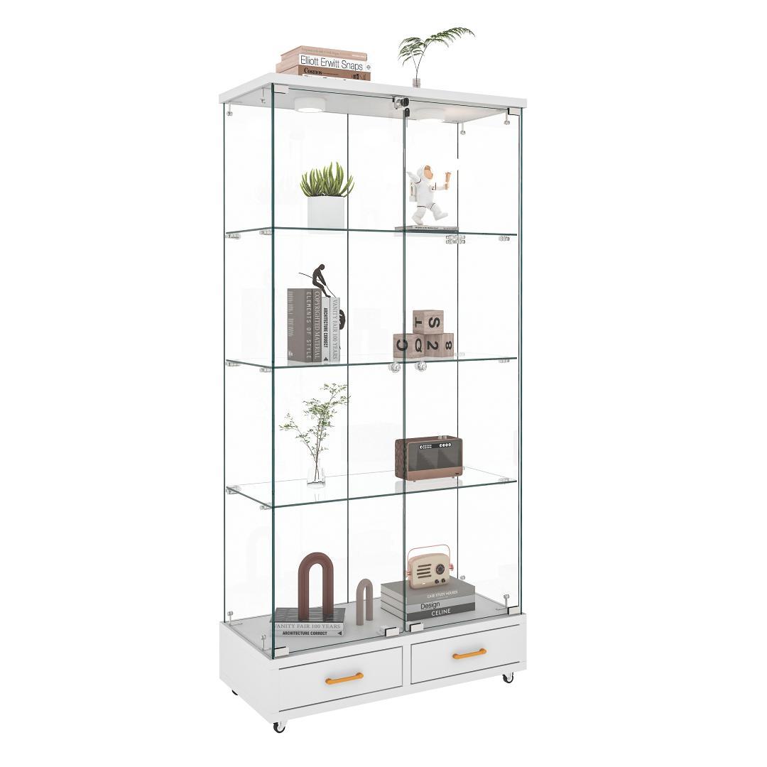 ホワイト LED照明・引出し付 ガラス収納キャビネット4段 両開ドア