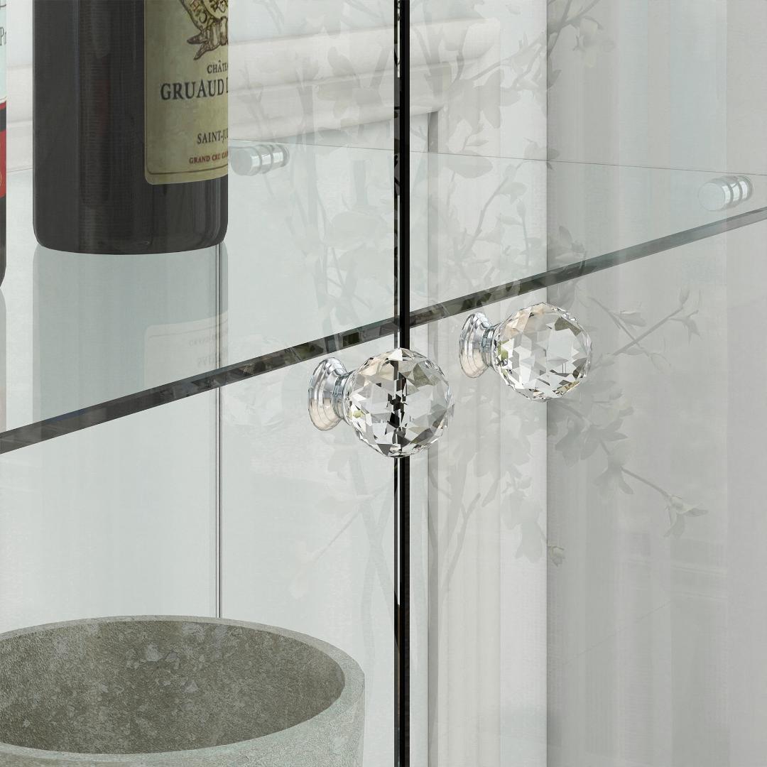 ホワイト LED照明・引出し付 ガラス収納キャビネット4段 両開ドア