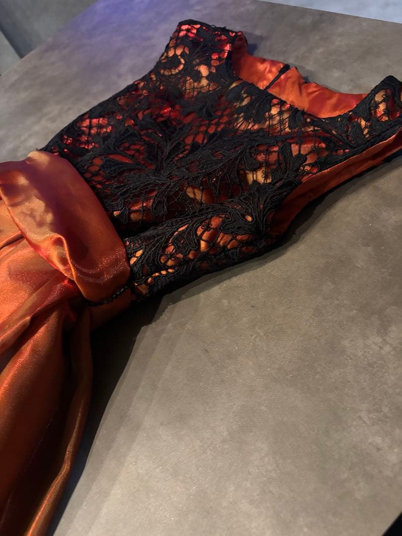 ウエストリボン1回着セミオーダードレス煌めき玉蟲ブラッドオレンジフランス生地